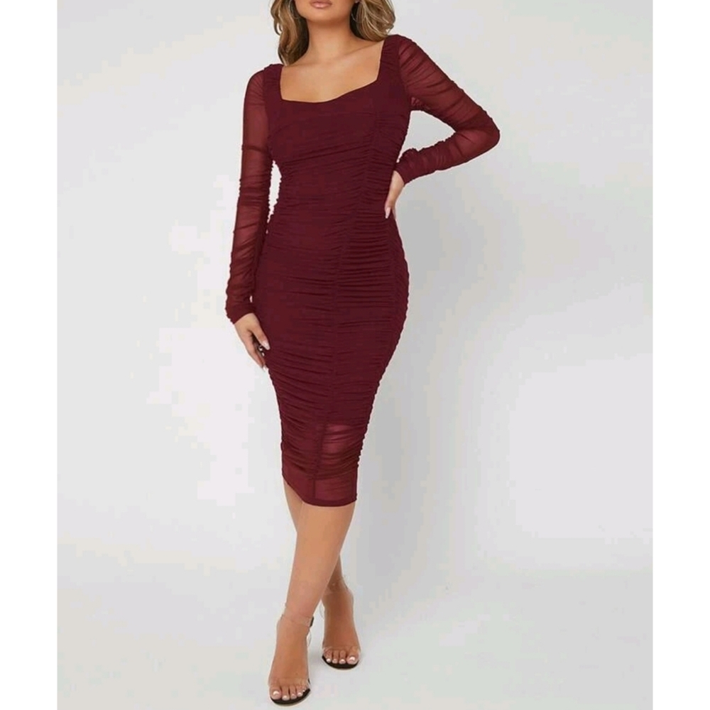 Square Neck Ruched Mesh Bodycon Dress